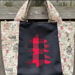 Festive Tote Bag with Red Plaid Tree Design